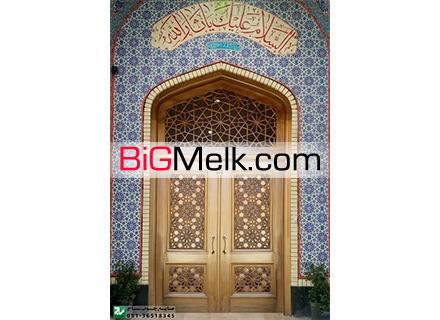 درب چوبی سنتی ورودی مسجد،نمازخانه واماکن مذهبی گره چینی
